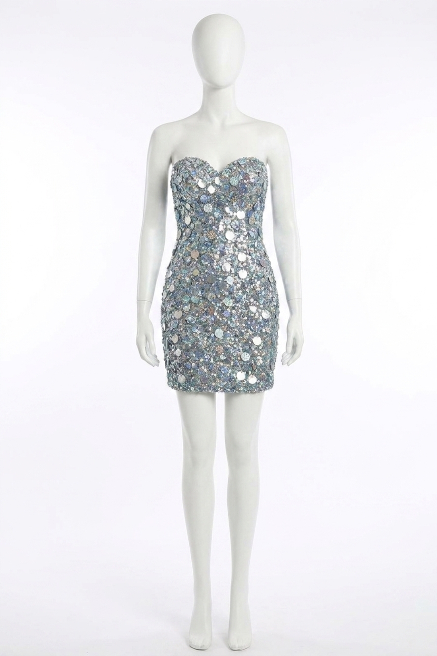 NEW RACHEL ALLAN hand beaded sequin embellished mini dress in silver